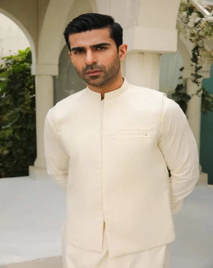 Bosky White Kameez Shalwar & Waistcoat - Men - 3 Piece