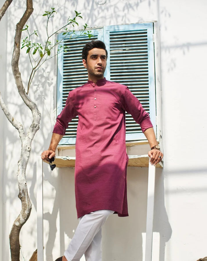 Textured Wine Cotton Kurta Trouser