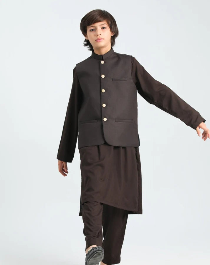 Brown Shalwar Kameez and Waistcoat- 3PC Set