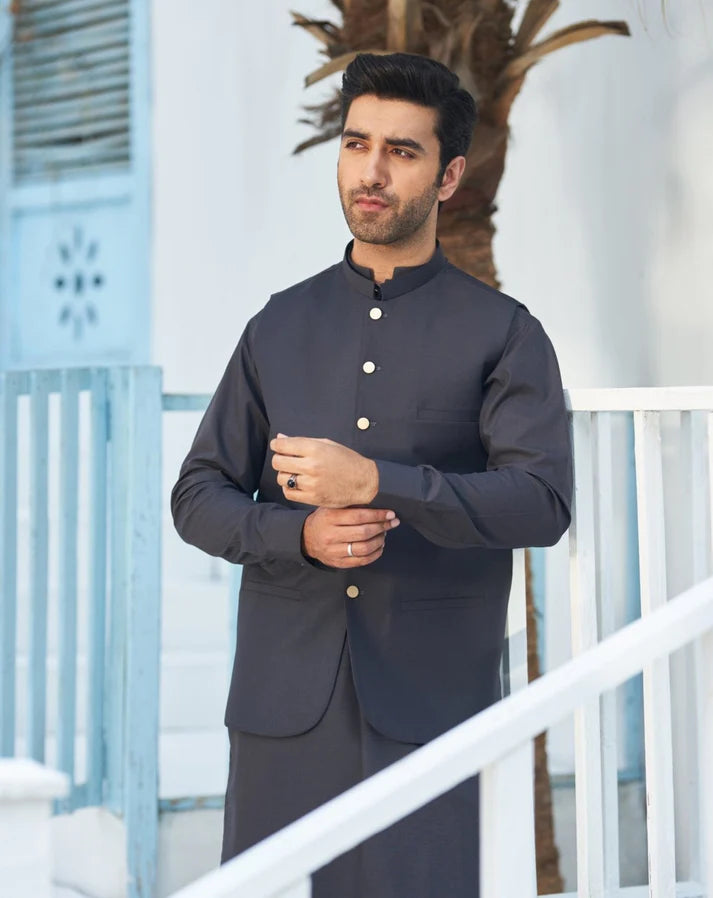 Charcoal Grey Shalwar Kameez and Waistcoat - 3PC