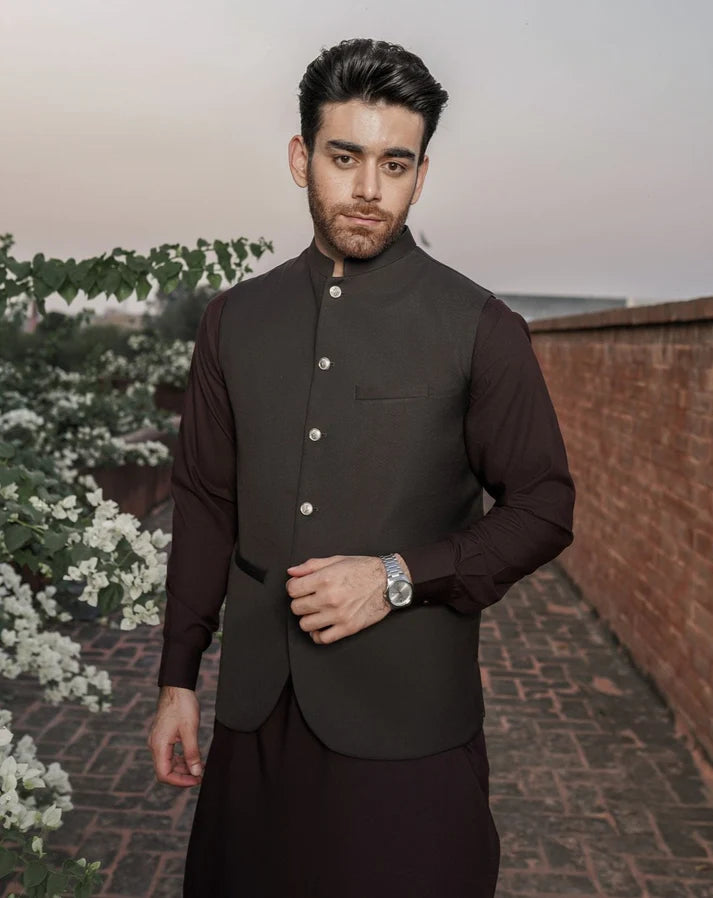 Dark Brown Shalwar Kameez and Waistcoat - 3PC