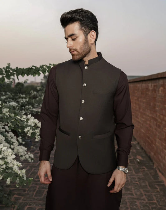 Dark Brown Shalwar Kameez and Waistcoat - 3PC