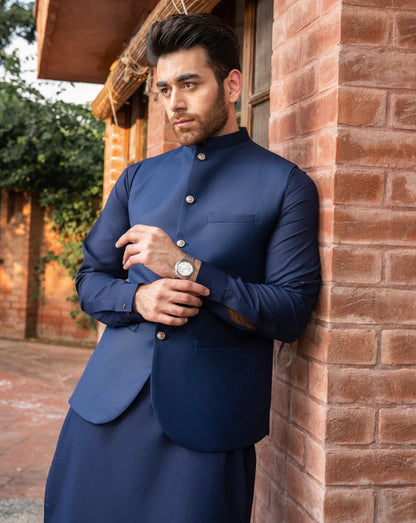 Navy Blue Shalwar Kameez and Waistcoat - 3PC