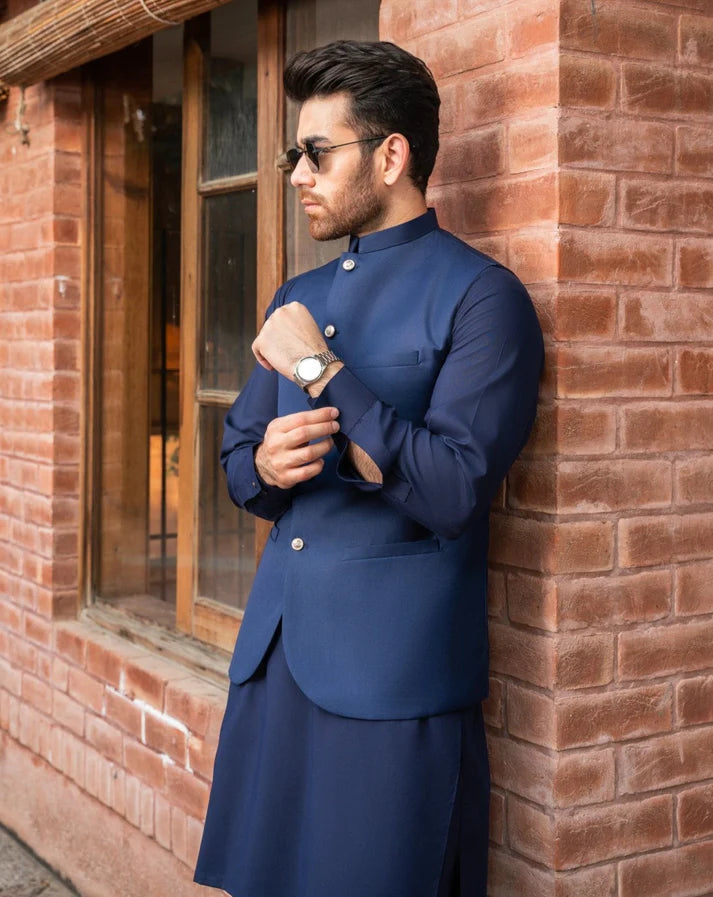 Navy Blue Shalwar Kameez and Waistcoat - 3PC (Father)