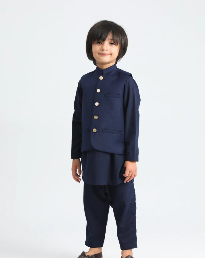 Navy Blue Shalwar Kameez and Waistcoat - 3PC Set(kid)