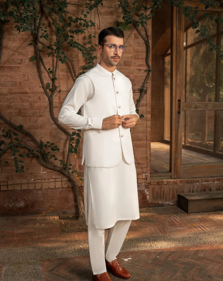 Off White Shalwar Kameez and Waistcoat - 3PC Set