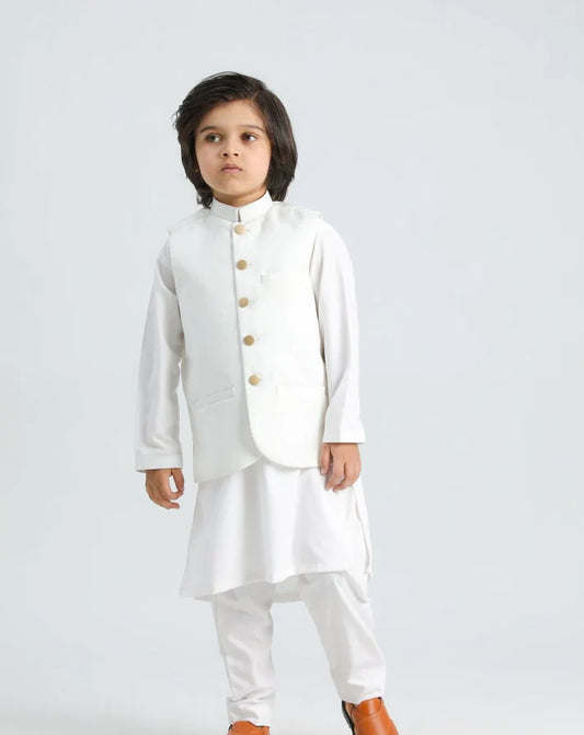 Off White Shalwar Kameez and Waistcoat - 3PC Set(KID)