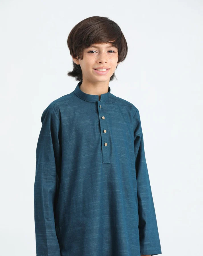 Blue Textured Cotton Kurta Trouser