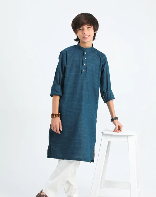 Blue Textured Cotton Kurta Trouser