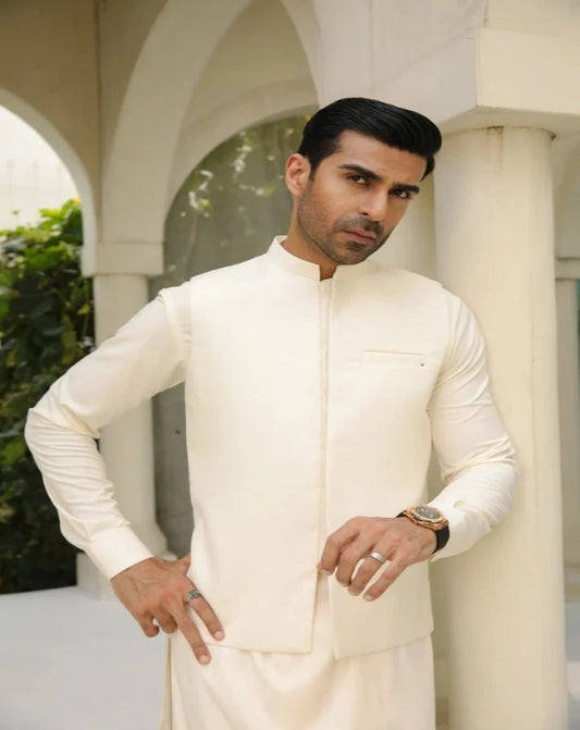 Bosky White Kameez Shalwar & Waistcoat - Men - 3 Piece