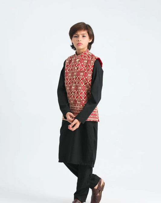 Red Embroided on Black - 3PC Set(KID)