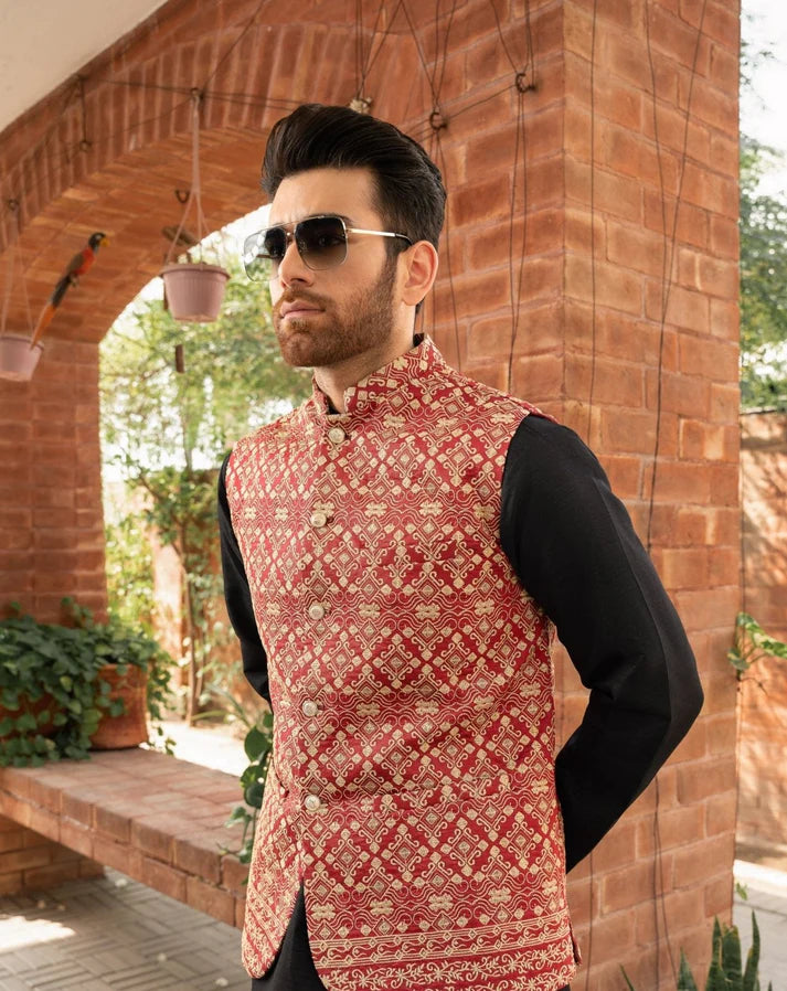 Red Embroidered - Waistcoat Set - 3PC Designerwear