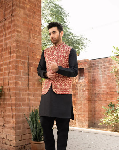 Red Embroidered - Waistcoat Set - 3PC Designerwear