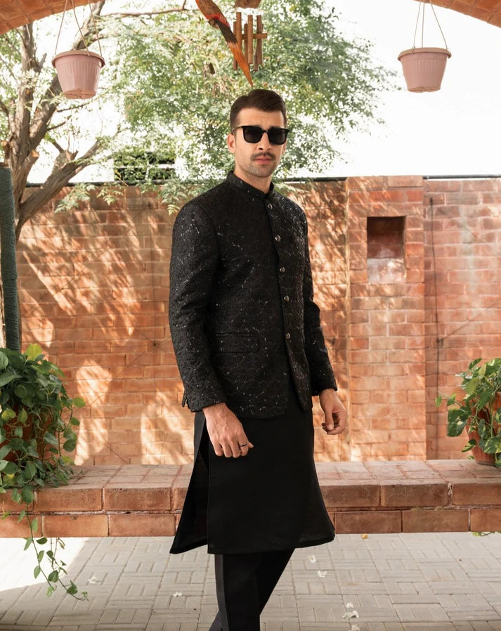 Sequin Black Embroidered - Prince Coat Set - 3PC Designer(Father)