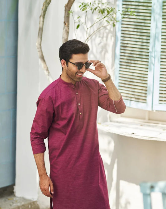 Textured Wine Cotton Kurta Trouser